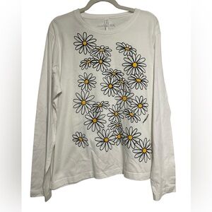 Marushka Vintage White Long Sleeve T-Shirt Hand-Printed Daisy Graphic Size L/XL